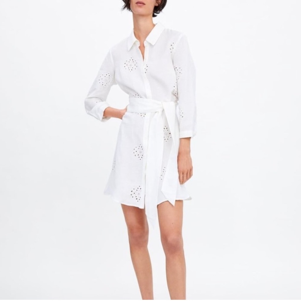 Zara white eyelet romper. xs. mini dress, tie waist, button front, button sleeve